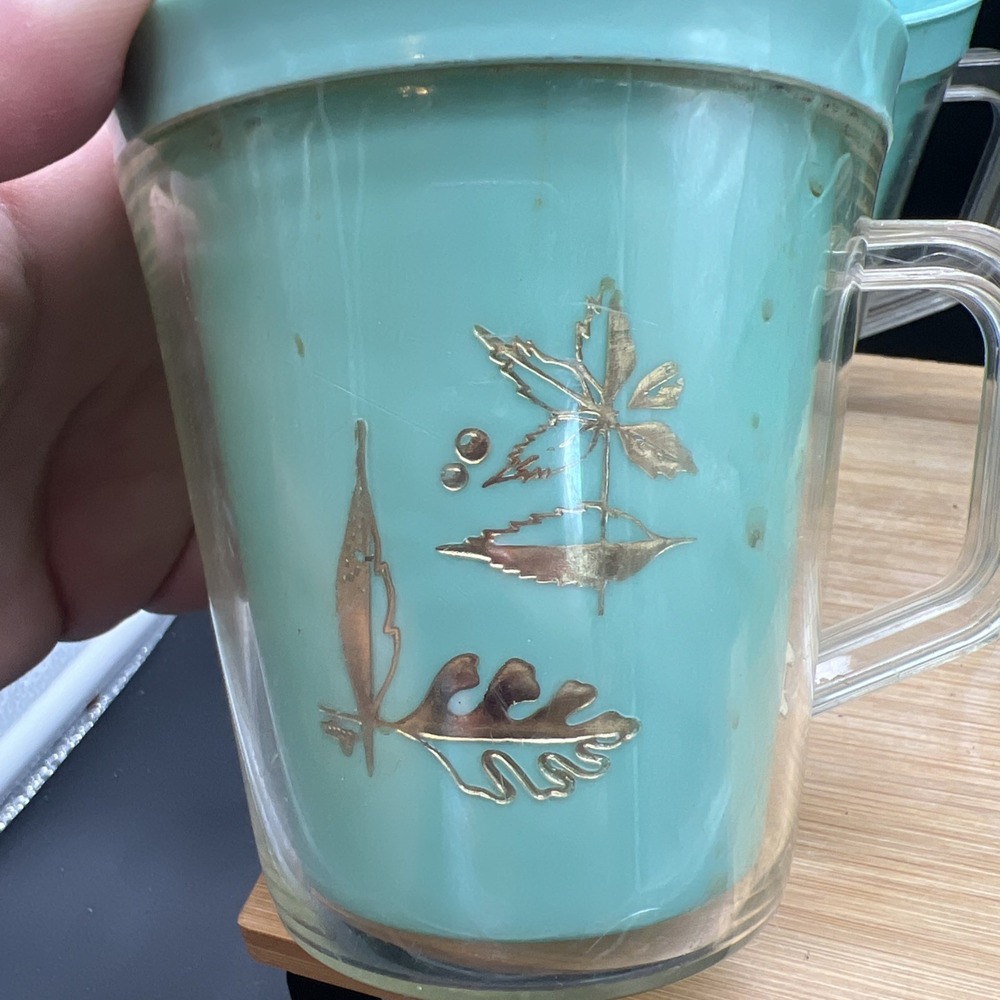 Set Of 4 Vintage Burrite Double Walled Insulated Teal Mugs gold leaf 10 oz - Picture 9 of 9